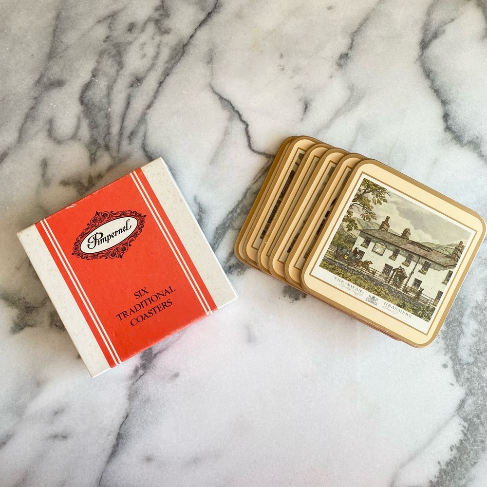 Vintage Pimpernel English Inns Square Coasters Cork Back Set of 6 Countryside